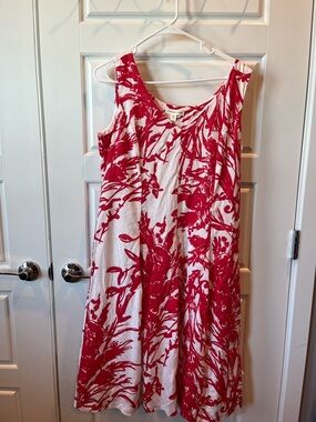 Coldwater Creek 100% Linen White and Red Floral Print Midi Dress